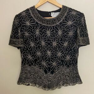 Papell Boutique Evening Black Silk Silver Beaded Short Sleeve Top size M Events